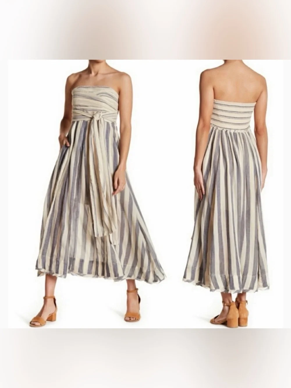Free People Striped Strapless Maxi Dress Tie Waist Boho Coastal Size M